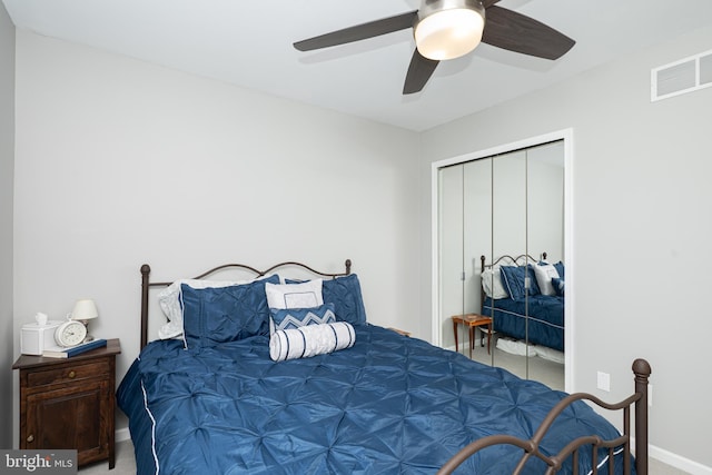 bedroom with a ceiling fan, visible vents, and a closet