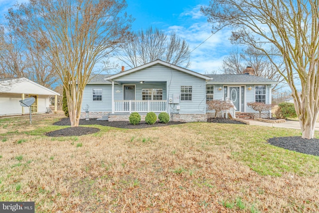 single story home featuring a front lawn, a porch, roof with shingles, a chimney, and a carport