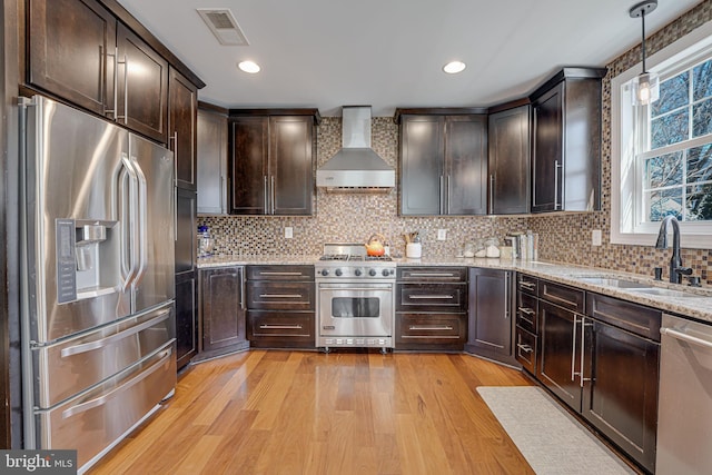 kitchen with visible vents, dark brown cabinets, stainless steel appliances, wall chimney exhaust hood, and a sink