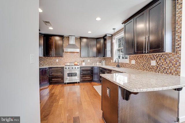 kitchen featuring light wood-style flooring, a sink, a peninsula, stainless steel stove, and wall chimney range hood