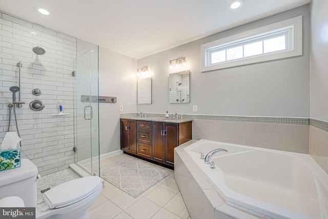 full bath with toilet, a shower stall, tile patterned flooring, double vanity, and a bath