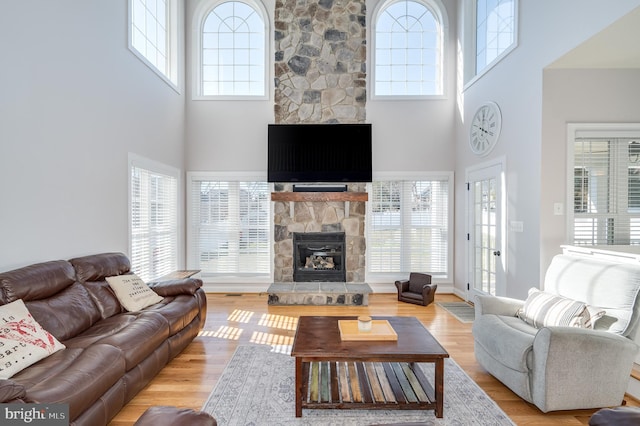 living room featuring a stone fireplace and wood finished floors