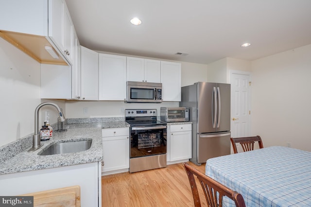 kitchen featuring a sink, stainless steel appliances, white cabinets, and light wood finished floors