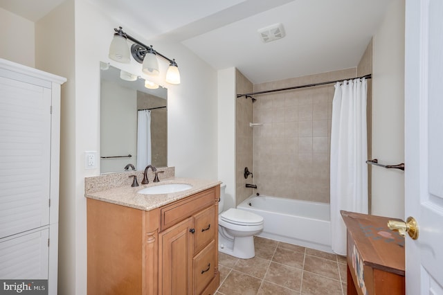 full bathroom featuring visible vents, toilet, tile patterned floors, shower / bath combination with curtain, and vanity