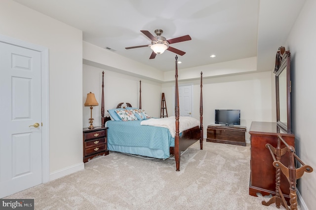 carpeted bedroom featuring a ceiling fan, recessed lighting, visible vents, and baseboards