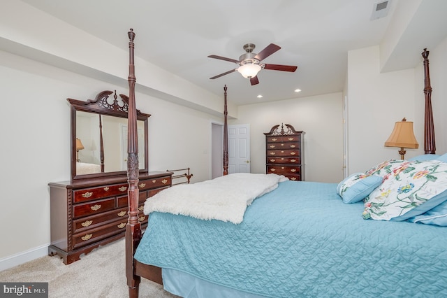 bedroom featuring visible vents, baseboards, light carpet, recessed lighting, and a ceiling fan