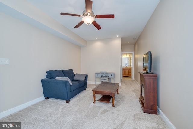 living room featuring recessed lighting, baseboards, a ceiling fan, and carpet flooring