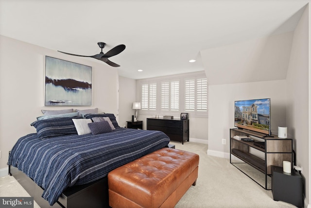 bedroom featuring recessed lighting, baseboards, light colored carpet, and a ceiling fan