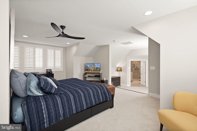 bedroom with recessed lighting, visible vents, carpet floors, and lofted ceiling