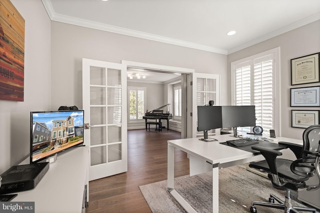 office space featuring crown molding, recessed lighting, french doors, and dark wood-type flooring