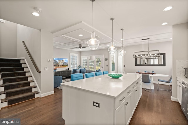 kitchen with recessed lighting, coffered ceiling, dark wood-style flooring, and white cabinetry