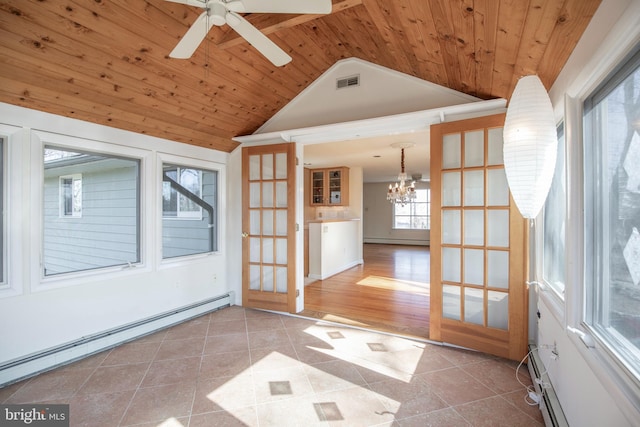 entryway with tile patterned flooring, visible vents, wood ceiling, lofted ceiling, and baseboard heating