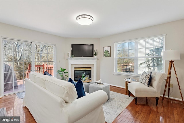 living room featuring baseboards, wood-type flooring, and a glass covered fireplace