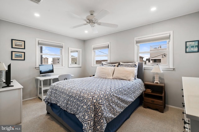 bedroom featuring carpet flooring, recessed lighting, and baseboards