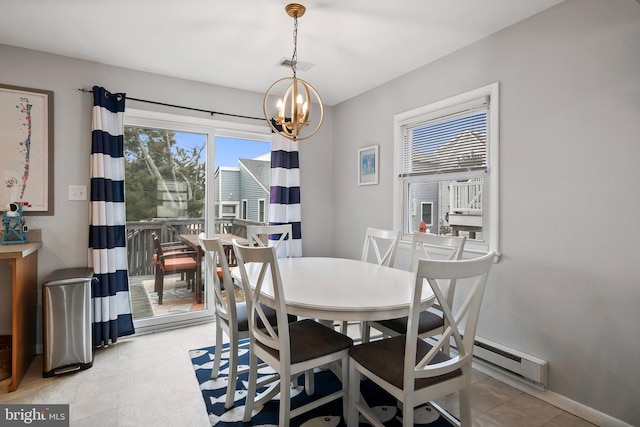 dining space with visible vents, baseboards, and a chandelier