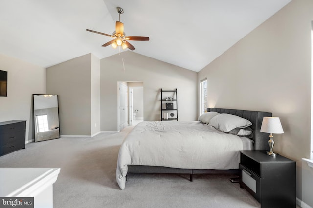 bedroom with high vaulted ceiling, carpet flooring, baseboards, and ceiling fan