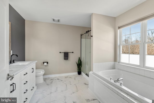 full bathroom featuring visible vents, baseboards, a bath, marble finish floor, and vanity