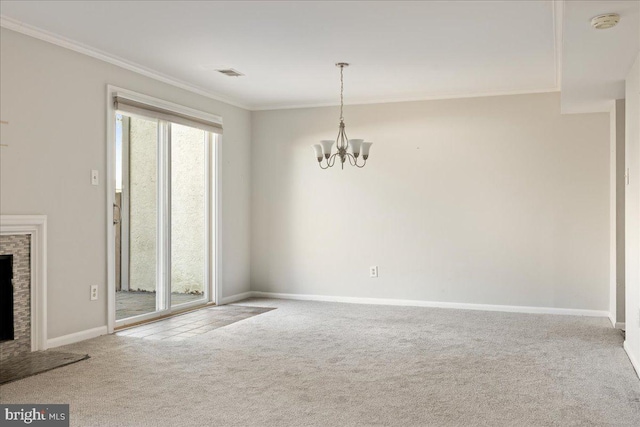 interior space featuring visible vents, crown molding, a chandelier, carpet floors, and a fireplace