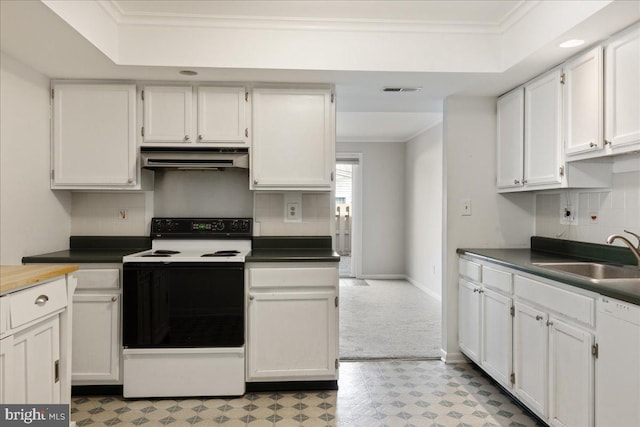 kitchen featuring white dishwasher, a sink, electric range oven, extractor fan, and crown molding