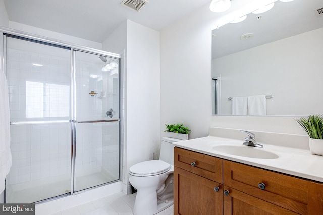 bathroom with visible vents, a stall shower, toilet, and vanity