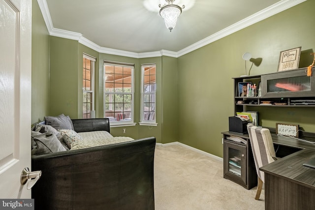 office with baseboards, carpet, and ornamental molding