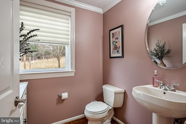 bathroom featuring a sink, toilet, baseboards, and ornamental molding