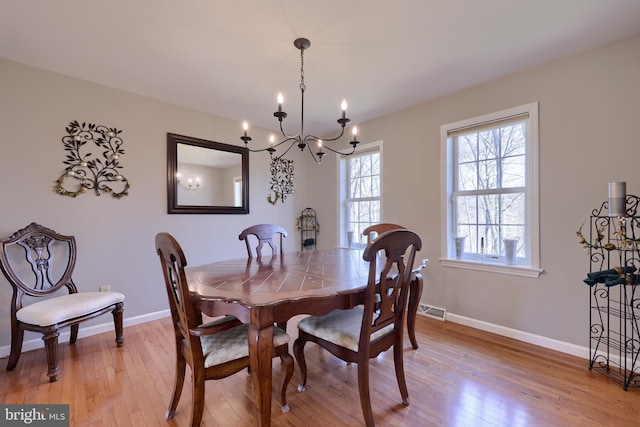 dining space featuring light wood-style flooring, baseboards, and visible vents