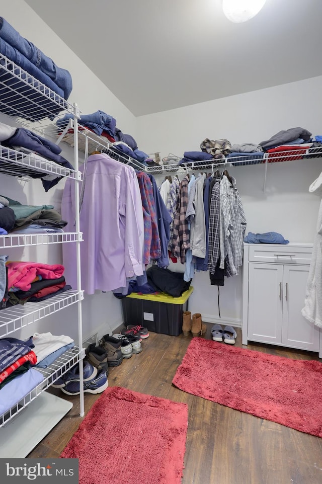 walk in closet with wood finished floors