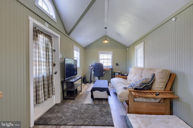 living area with lofted ceiling and wood finished floors