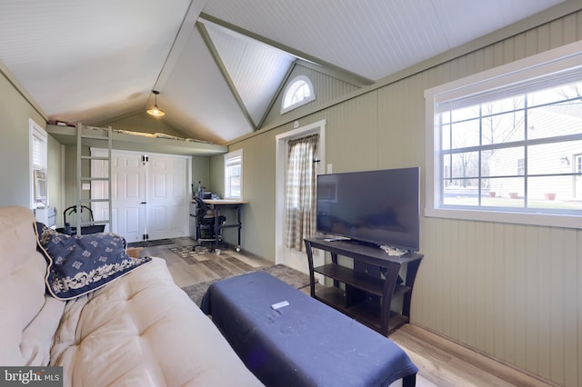 living area with light wood-style floors and vaulted ceiling