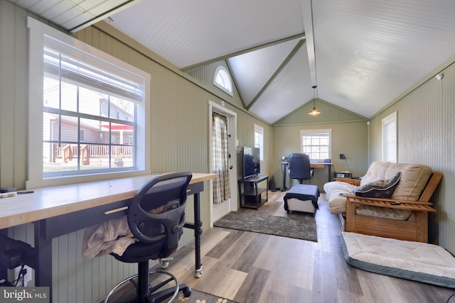 office featuring lofted ceiling and wood finished floors