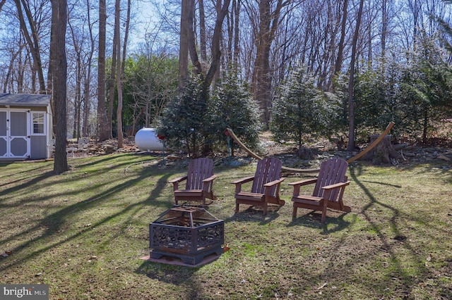 view of yard featuring a storage unit, an outdoor fire pit, and an outbuilding