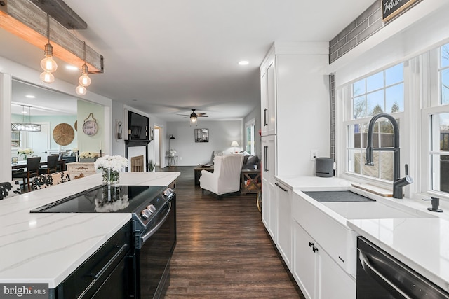 kitchen featuring black range with electric stovetop, a sink, open floor plan, dark wood finished floors, and dishwasher