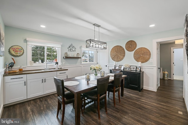 dining room with recessed lighting and dark wood-type flooring