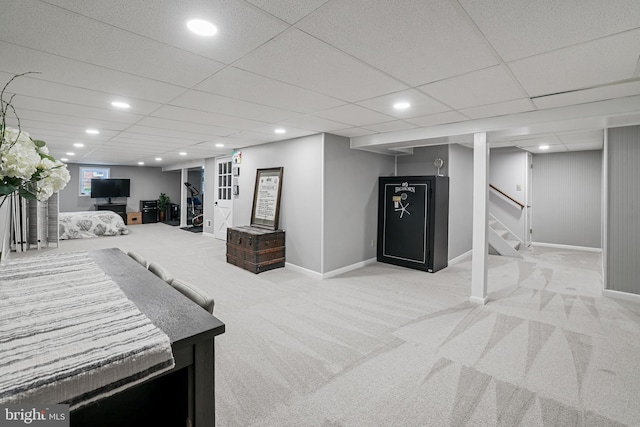 interior space featuring carpet flooring, recessed lighting, and stairs