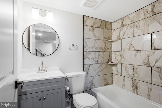 full bathroom with vanity, shower / bathing tub combination, toilet, and visible vents