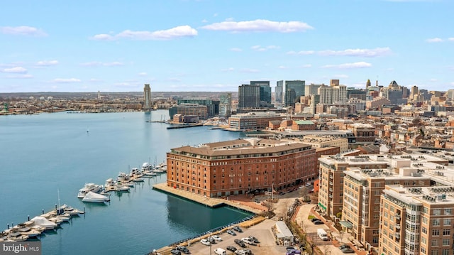 aerial view with a view of city and a water view