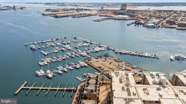 birds eye view of property featuring a water view