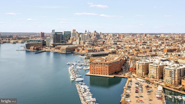 birds eye view of property featuring a city view and a water view