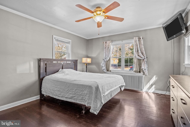 bedroom featuring multiple windows, radiator, baseboards, and wood finished floors