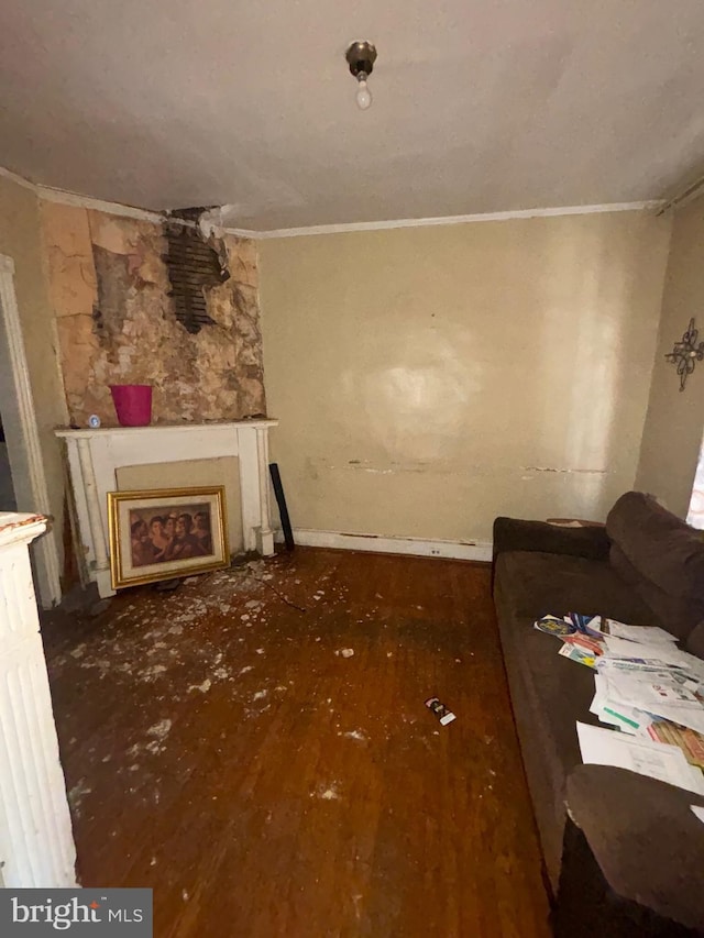 living room featuring dark wood-type flooring, ornamental molding, and a fireplace