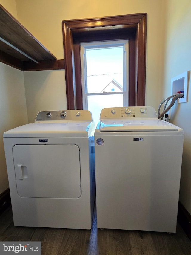 clothes washing area featuring dark wood-style floors, laundry area, and washing machine and dryer