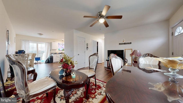 dining room with a ceiling fan and dark wood-style floors