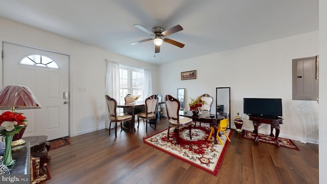 interior space featuring electric panel, wood finished floors, baseboards, and ceiling fan