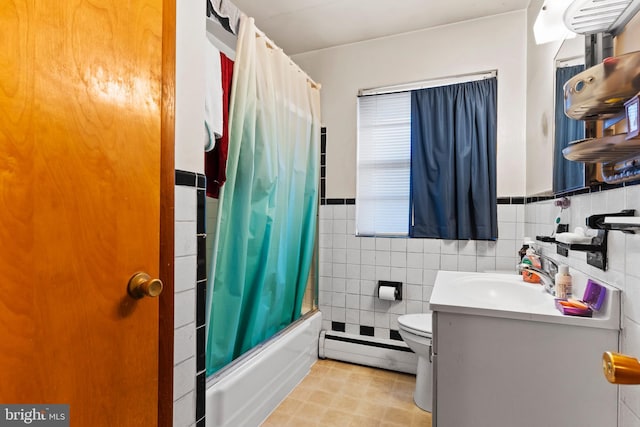 bathroom featuring toilet, tile walls, shower / bath combination with curtain, a baseboard radiator, and vanity