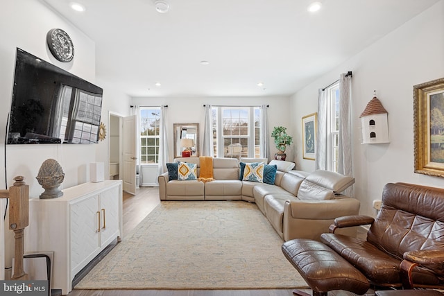 living room with recessed lighting and wood finished floors