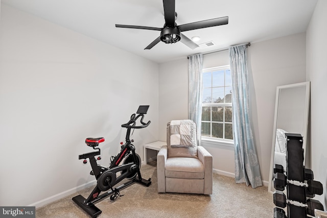 workout room with visible vents, a ceiling fan, baseboards, and carpet floors