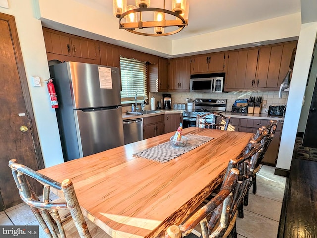 kitchen featuring light countertops, decorative backsplash, appliances with stainless steel finishes, a notable chandelier, and a sink