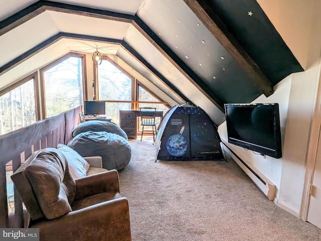 interior space with lofted ceiling and baseboard heating