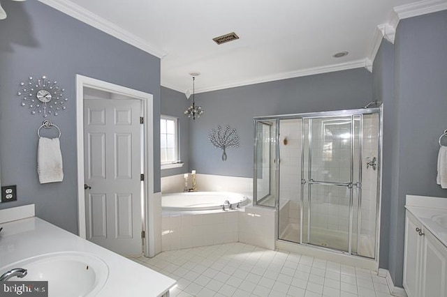 bathroom featuring vanity, visible vents, a stall shower, ornamental molding, and a bath